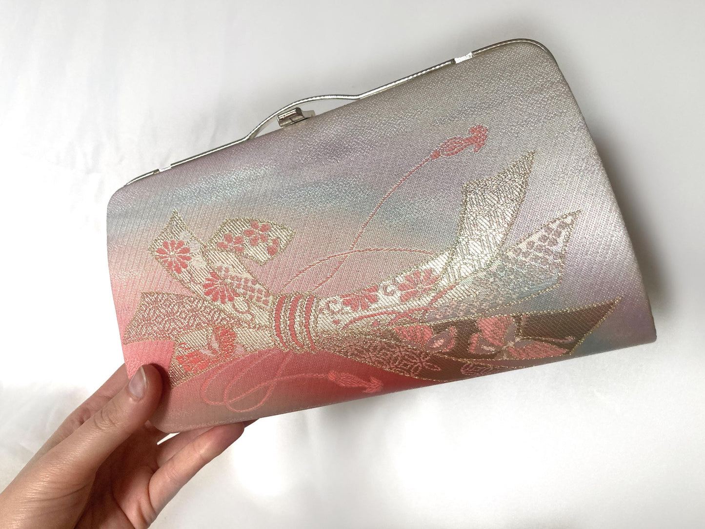 Vintage kimono handbag - two-way metallic pastel pink and pearl