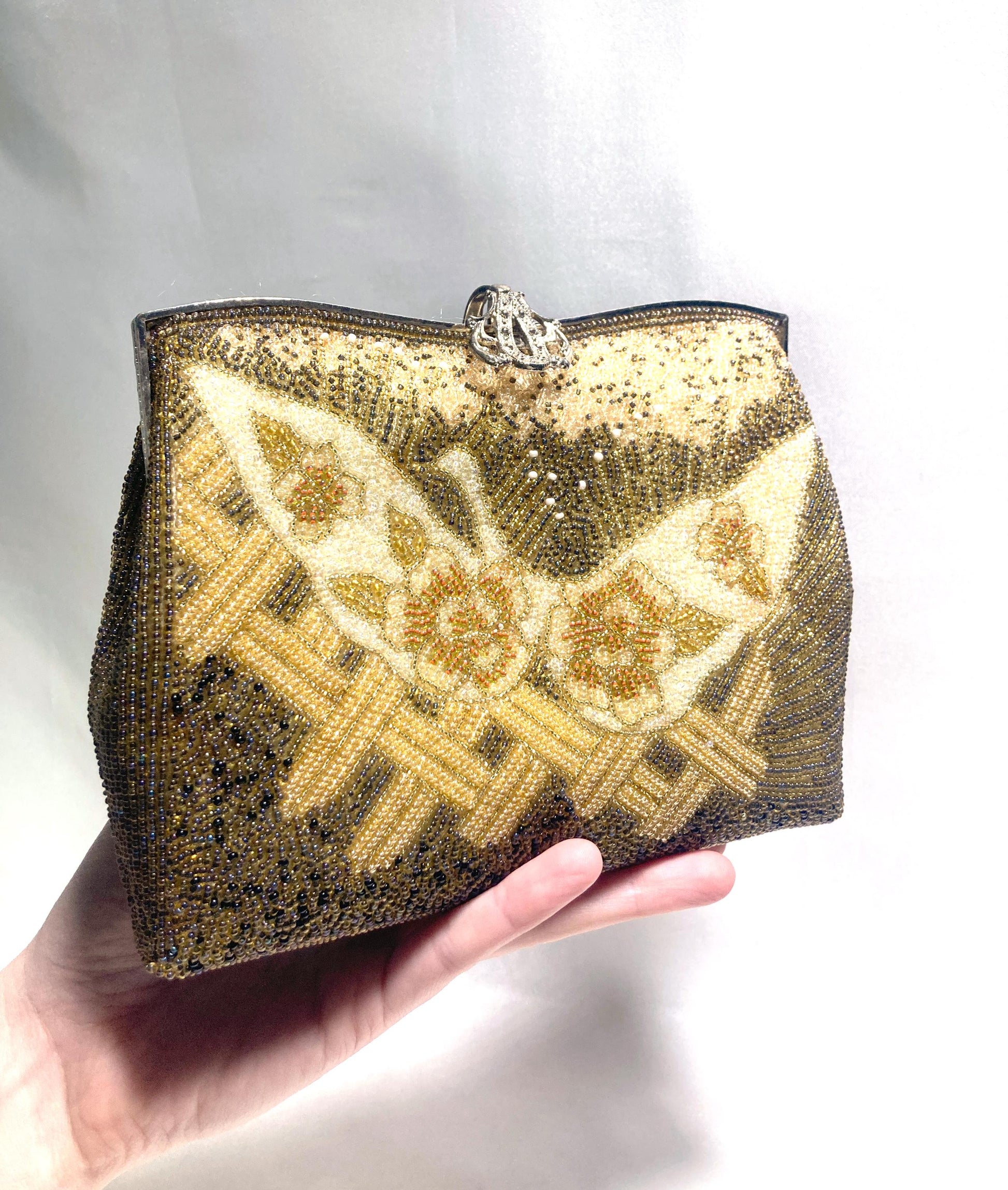 Vintage kimono handbag - two-way brown and beige crane bird