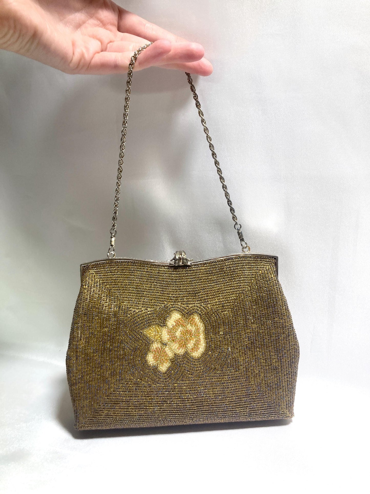 Vintage kimono handbag - two-way brown and beige crane bird