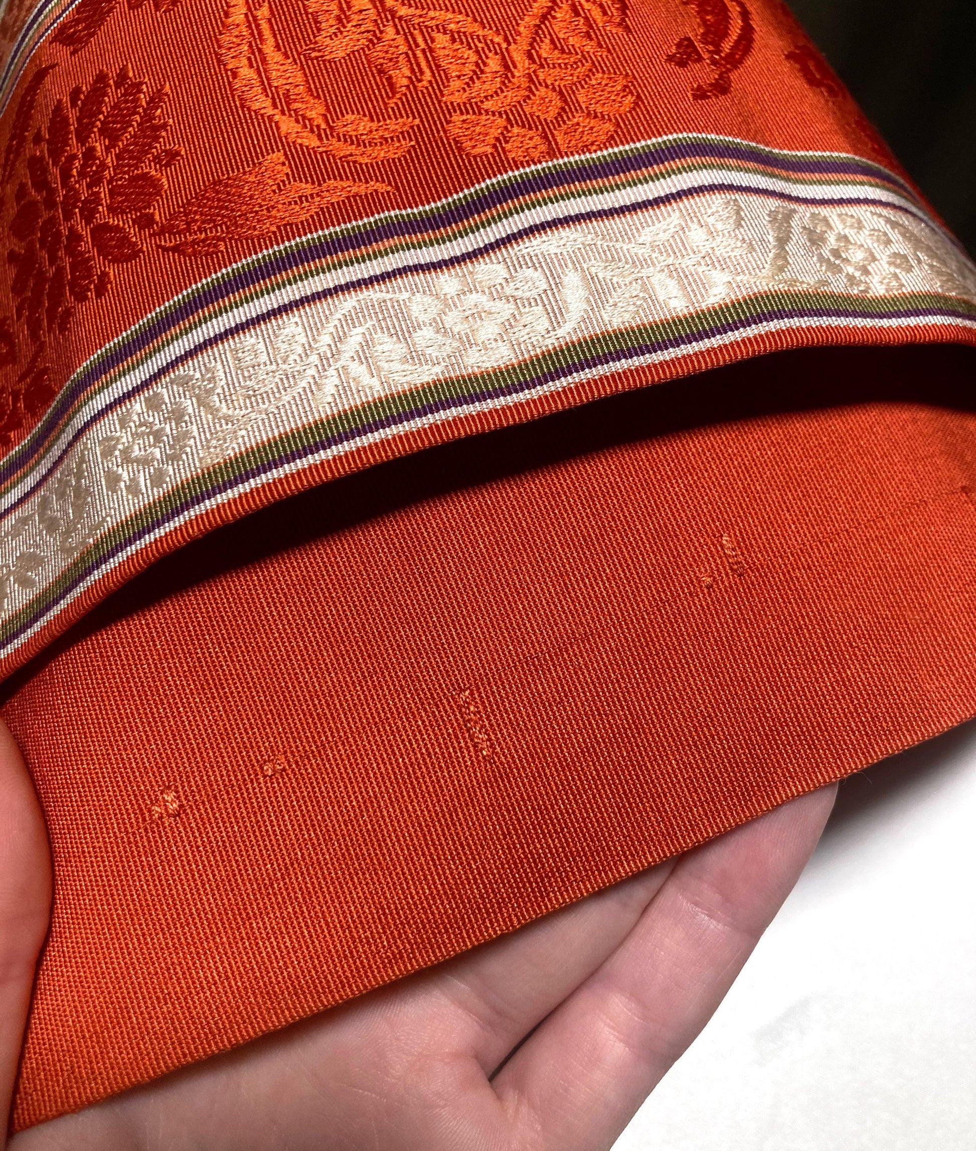 Elegant Japanese hanhaba obi - silk jacquard - red, purple, and beige with floral pattern (B grade)