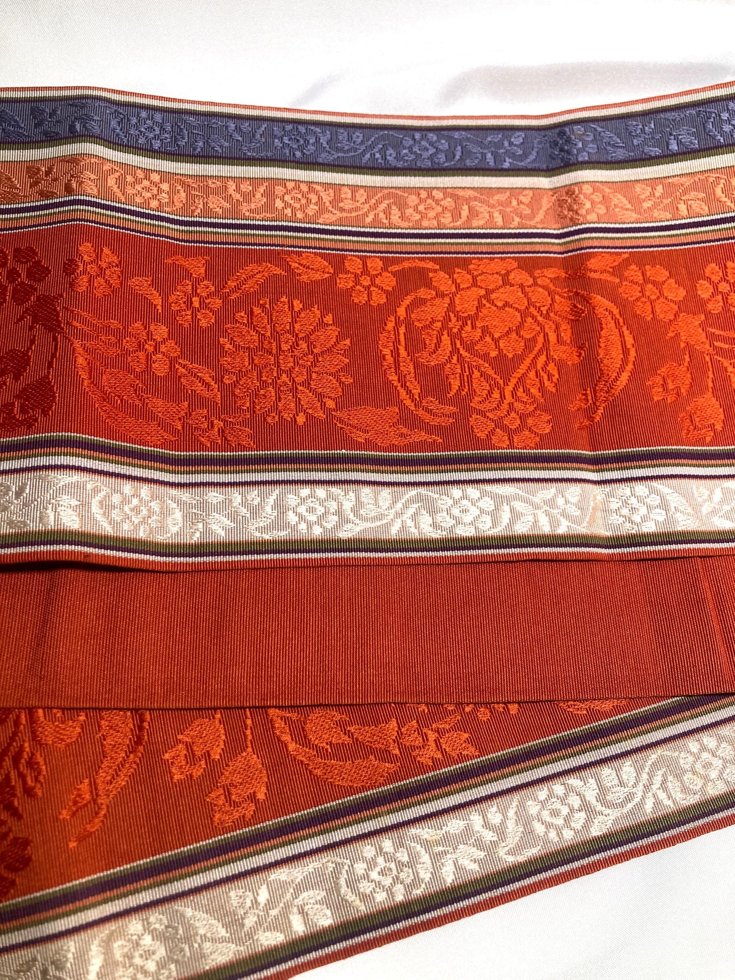 Elegant Japanese hanhaba obi - silk jacquard - red, purple, and beige with floral pattern (B grade)