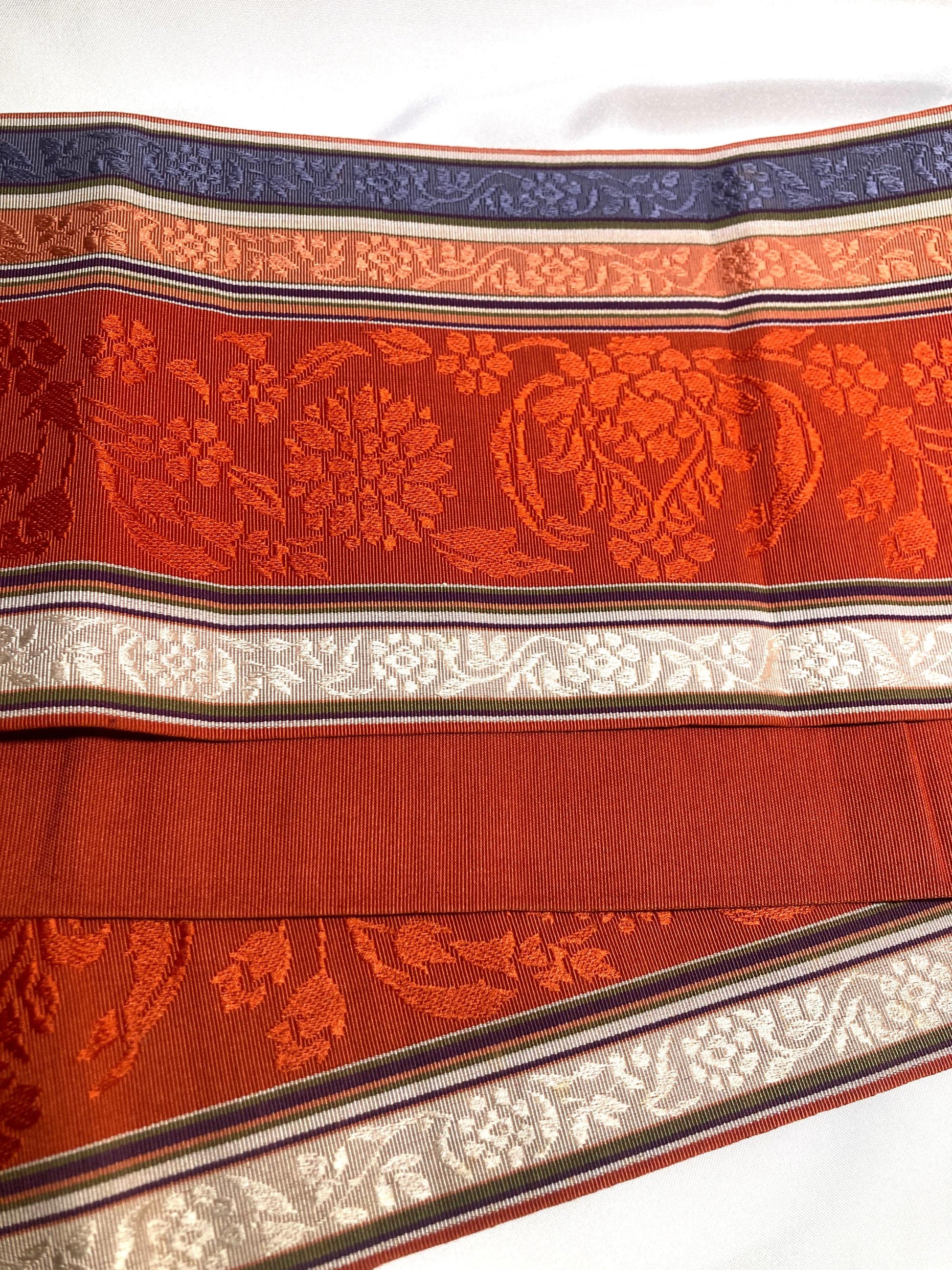 Elegant Japanese hanhaba obi - silk jacquard - red, purple, and beige with floral pattern (B grade)
