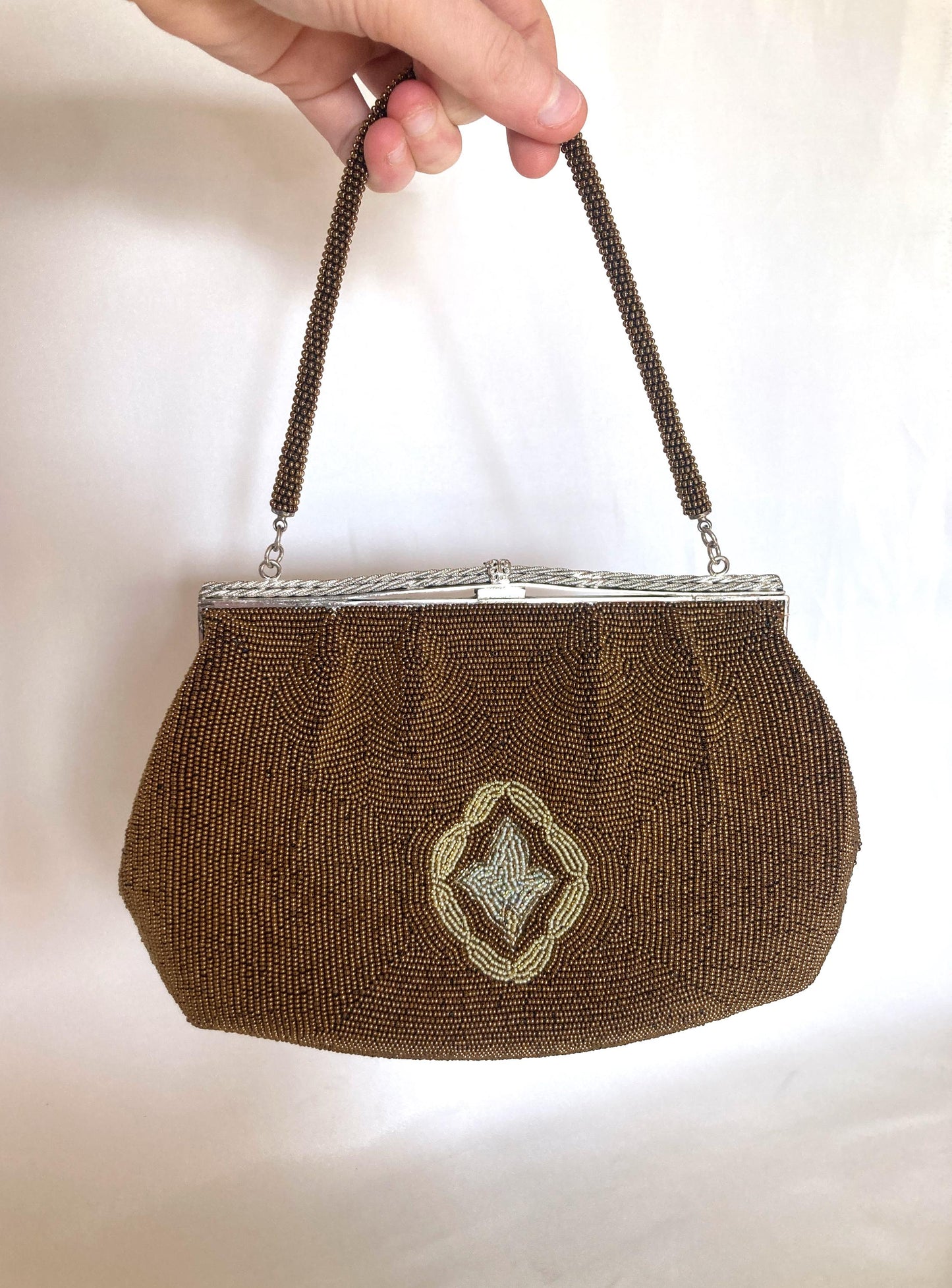 Vintage kimono handbag - bronze and beige lattice