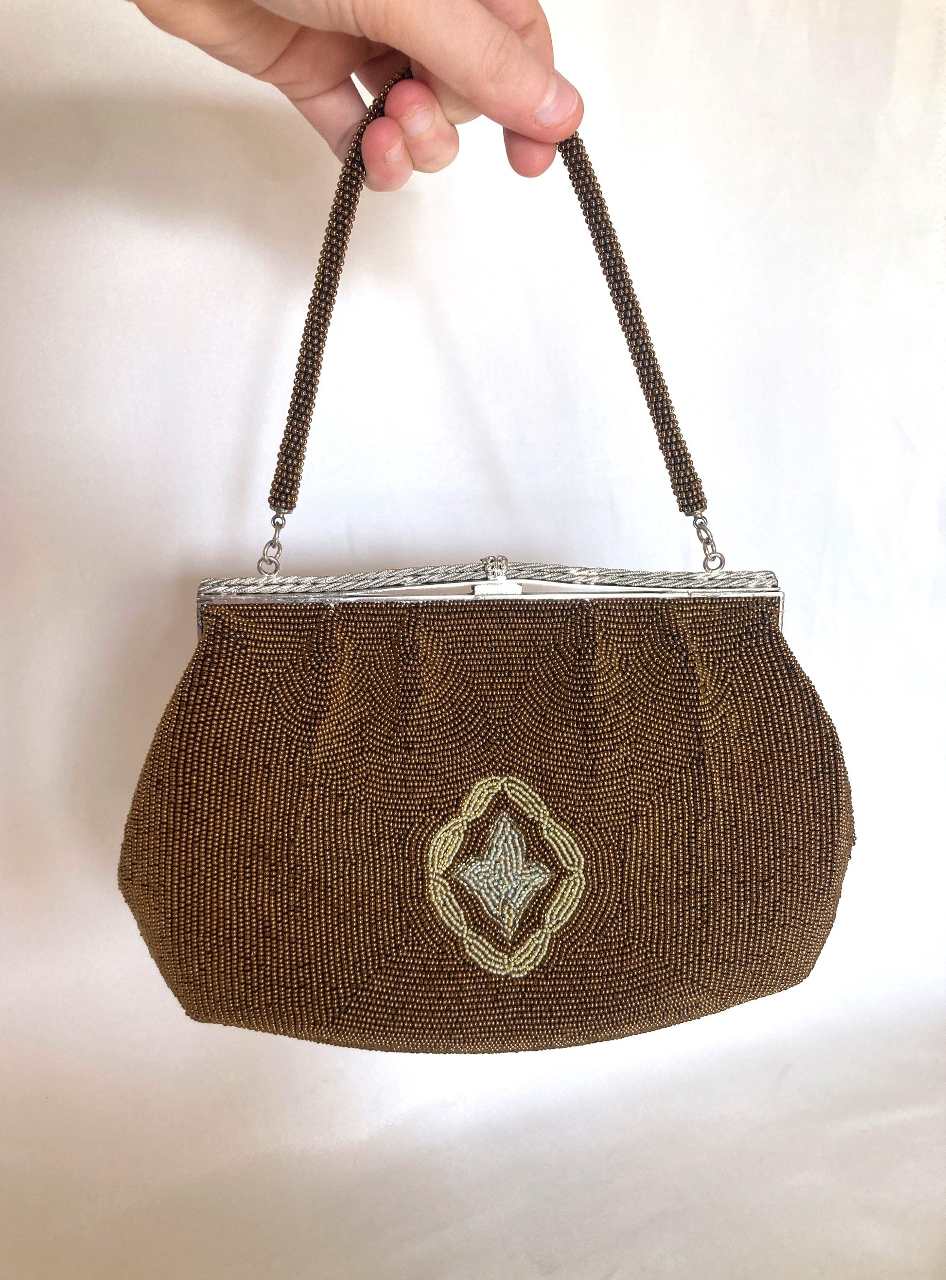 Vintage kimono handbag - bronze and beige lattice