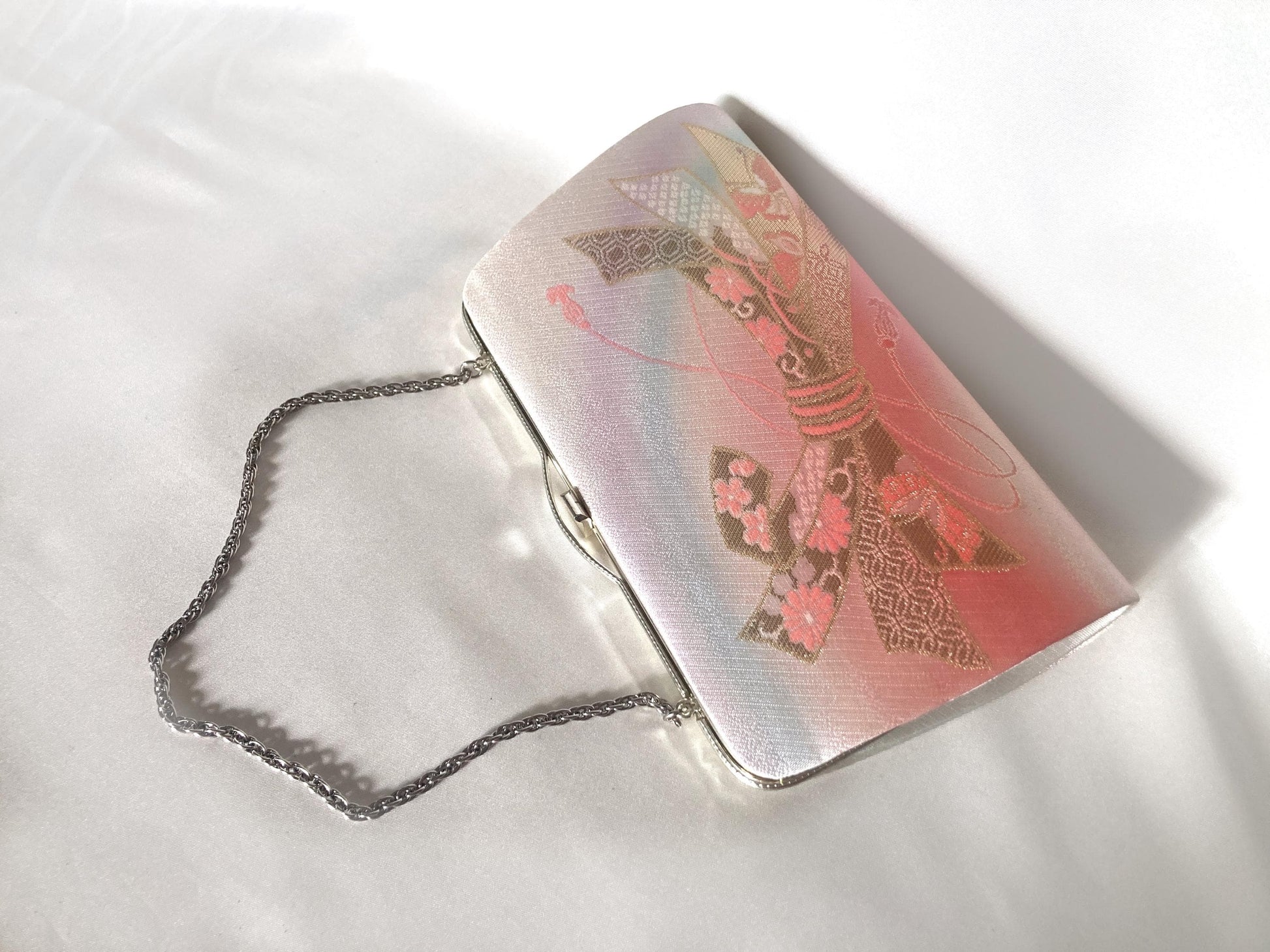 Vintage kimono handbag - two-way metallic pastel pink and pearl