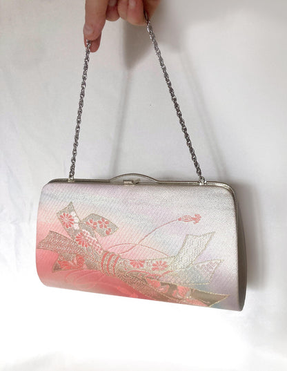 Vintage kimono handbag - two-way metallic pastel pink and pearl