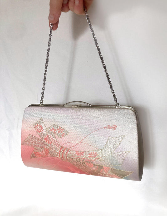 Vintage kimono handbag - two-way metallic pastel pink and pearl