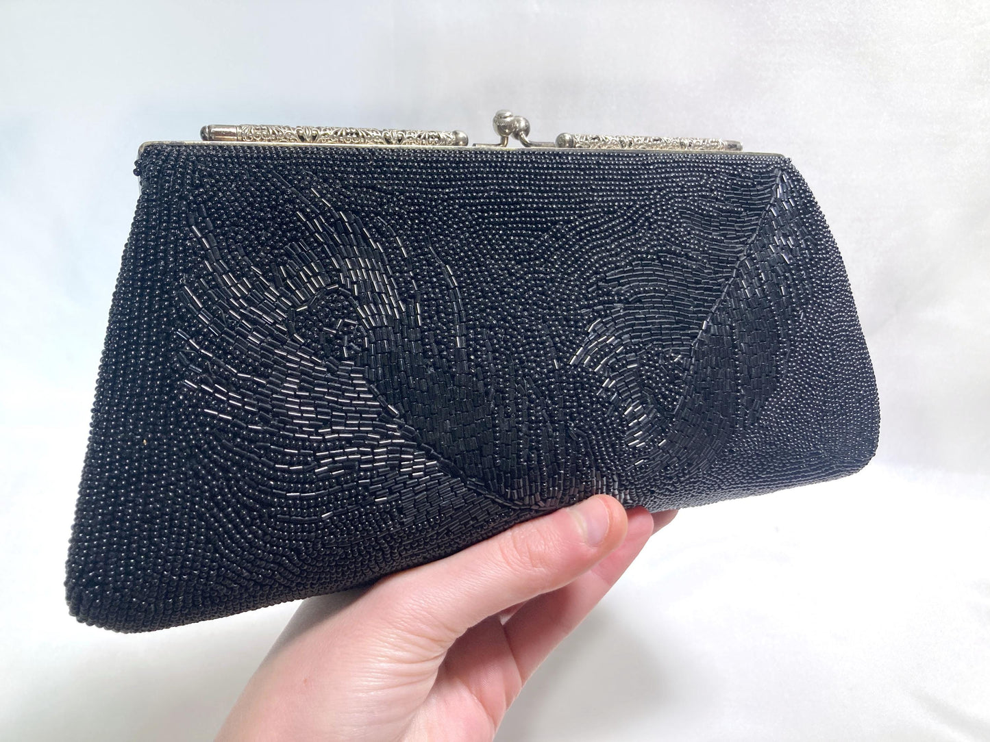 Vintage kimono 2-way handbag - black peacock feathers