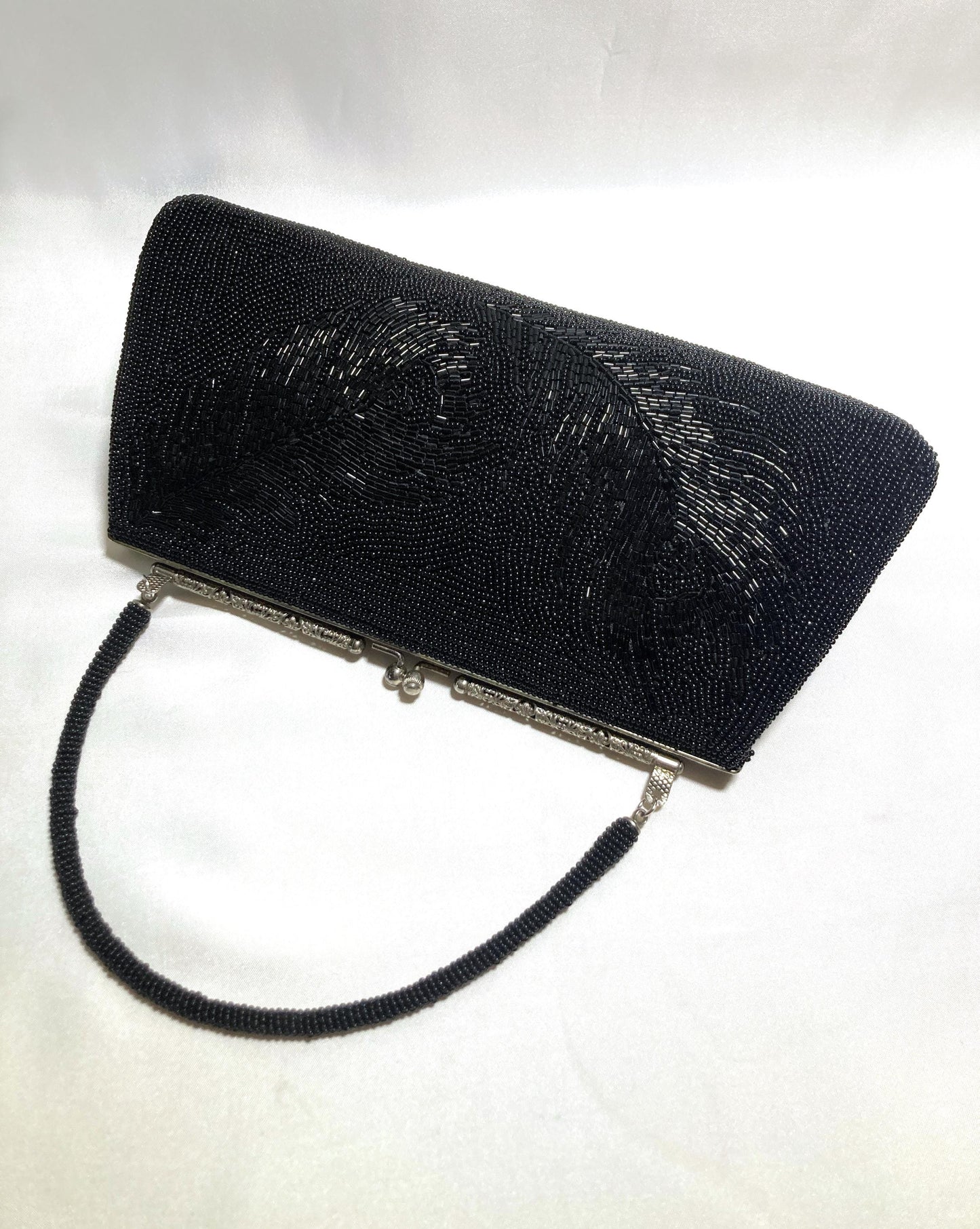 Vintage kimono 2-way handbag - black peacock feathers