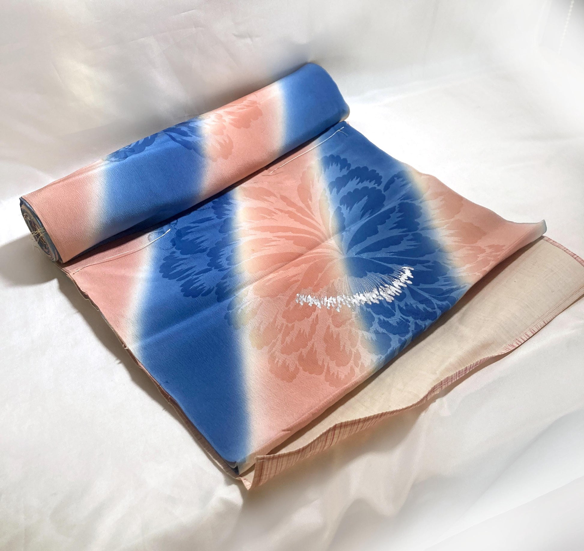 Vintage tanmono - silk kimono fabric bolt - pink and blue stripes with florals