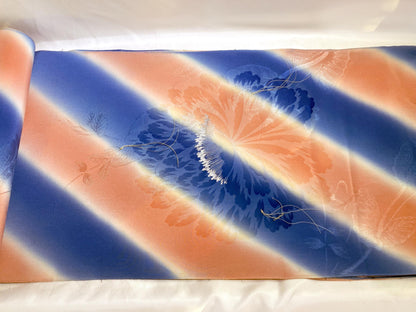 Vintage tanmono - silk kimono fabric bolt - pink and blue stripes with florals