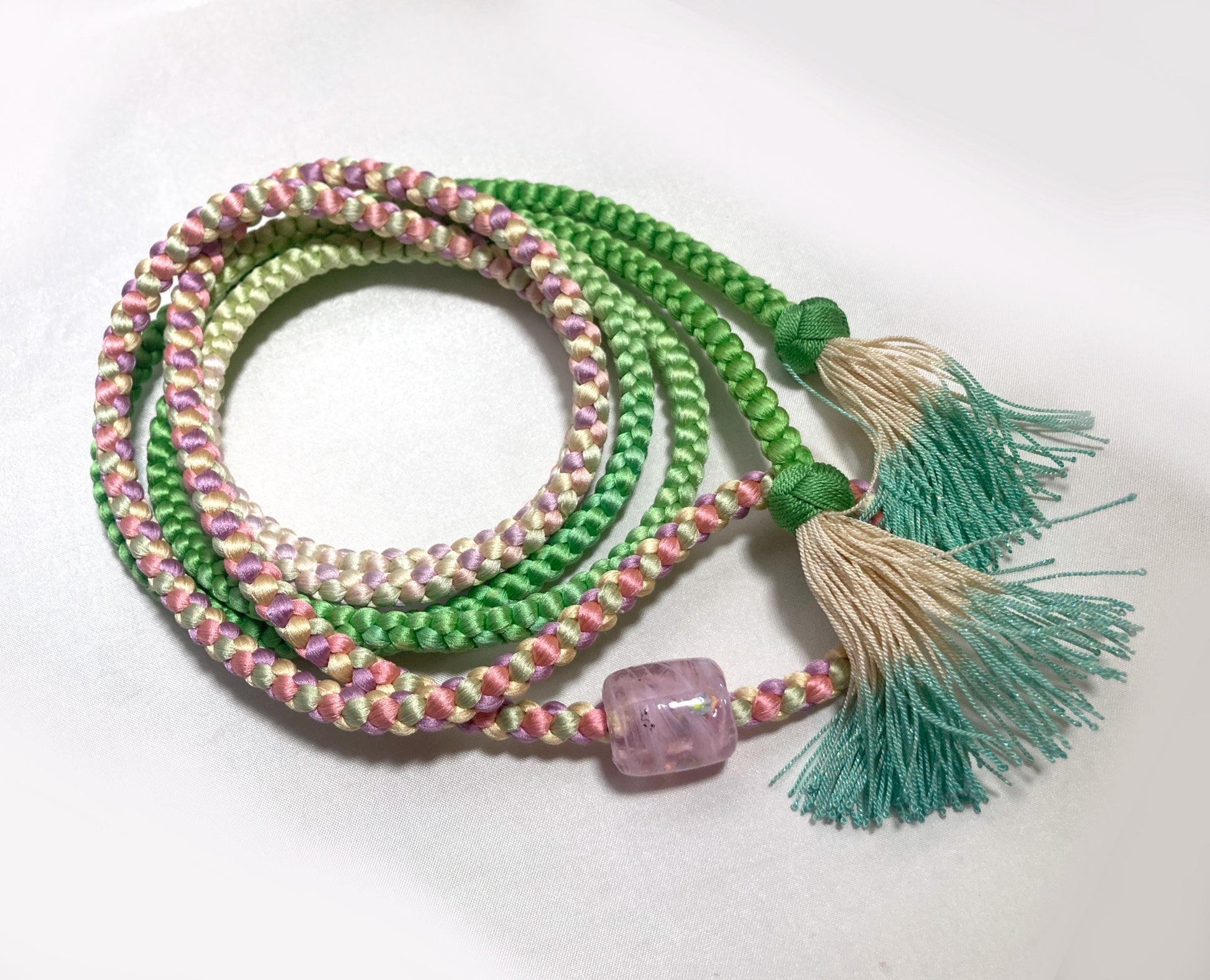 Pastel silk obijime with a glass obidome - thin belt with tassels