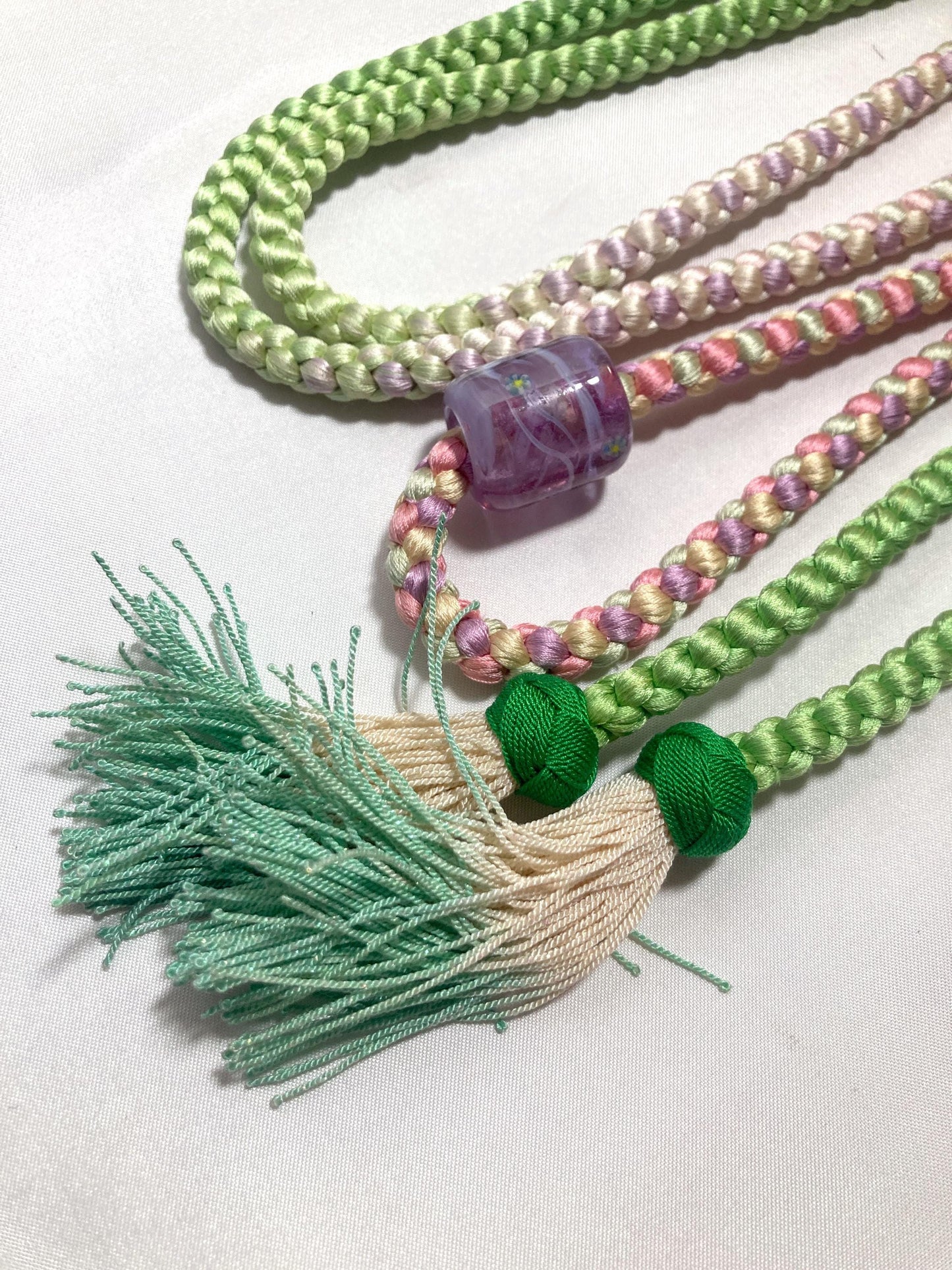 Pastel silk obijime with a glass obidome - thin belt with tassels