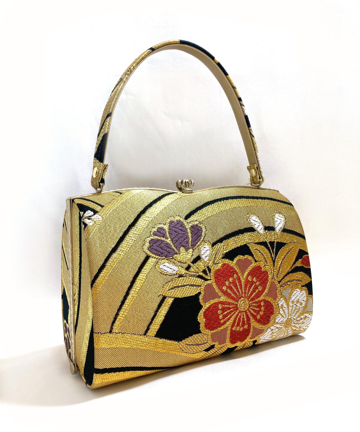 Vintage kimono handbag - golden and black with colorful florals
