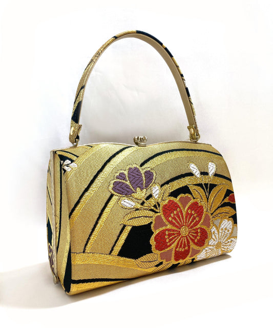Vintage kimono handbag - golden and black with colorful florals