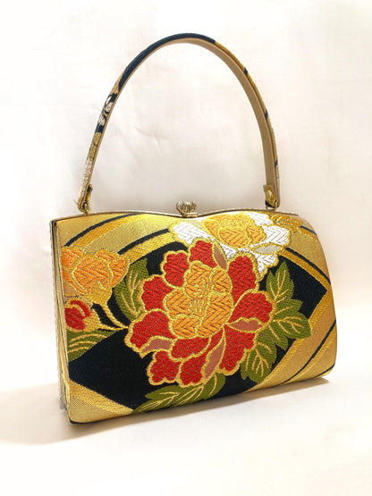 Vintage kimono handbag - golden and black with colorful florals