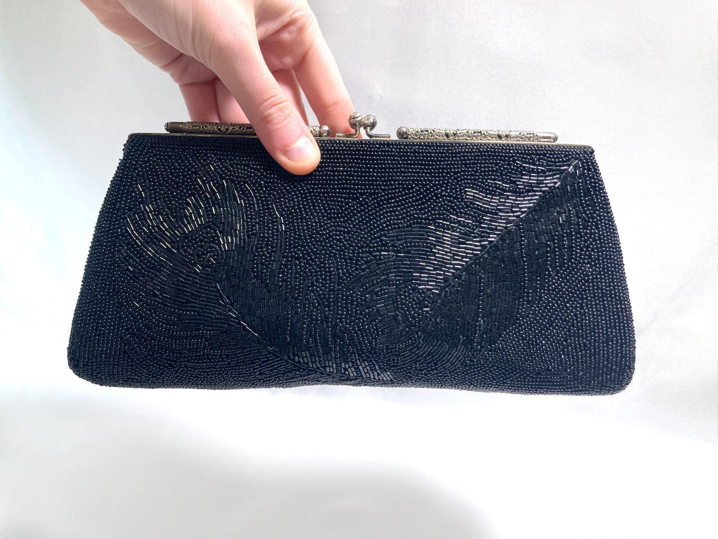 Vintage kimono 2-way handbag - black peacock feathers