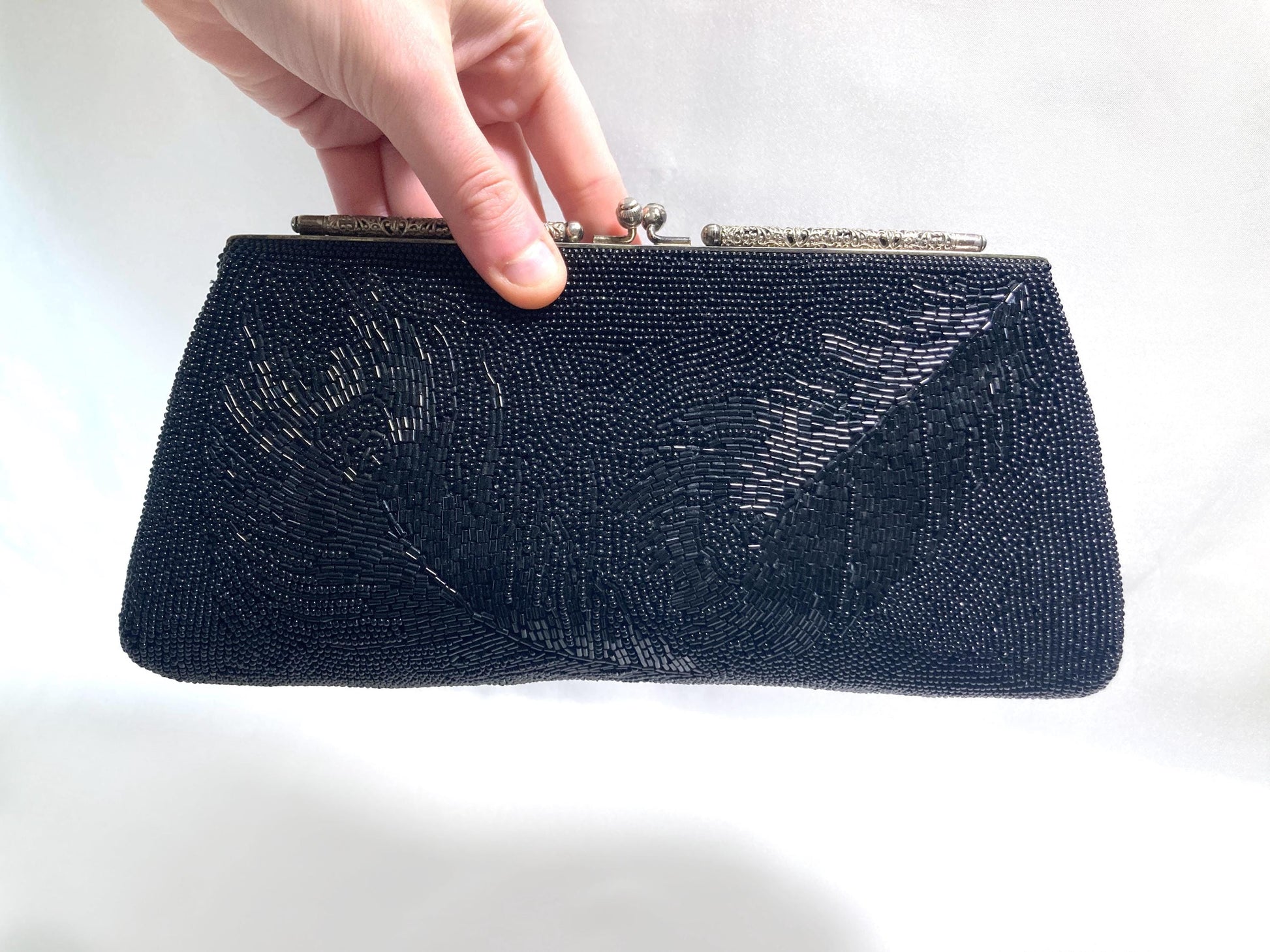 Vintage kimono 2-way handbag - black peacock feathers