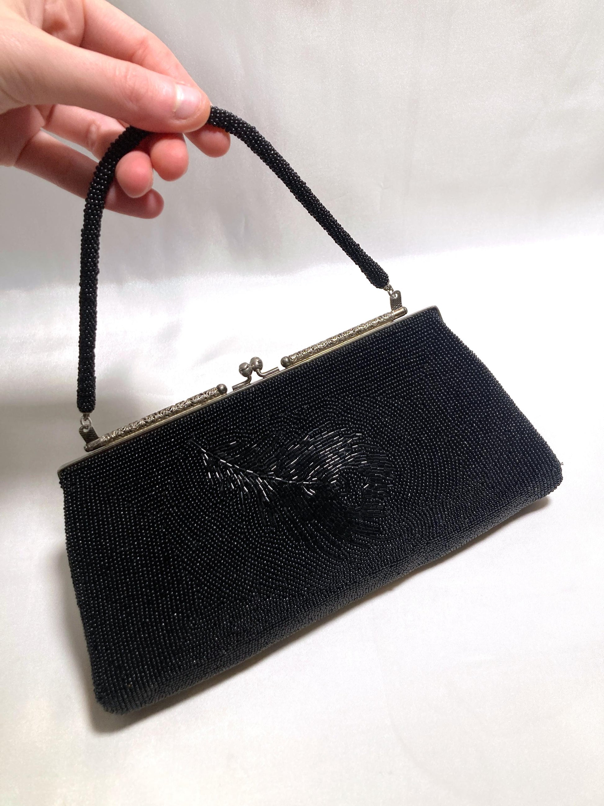 Vintage kimono 2-way handbag - black peacock feathers