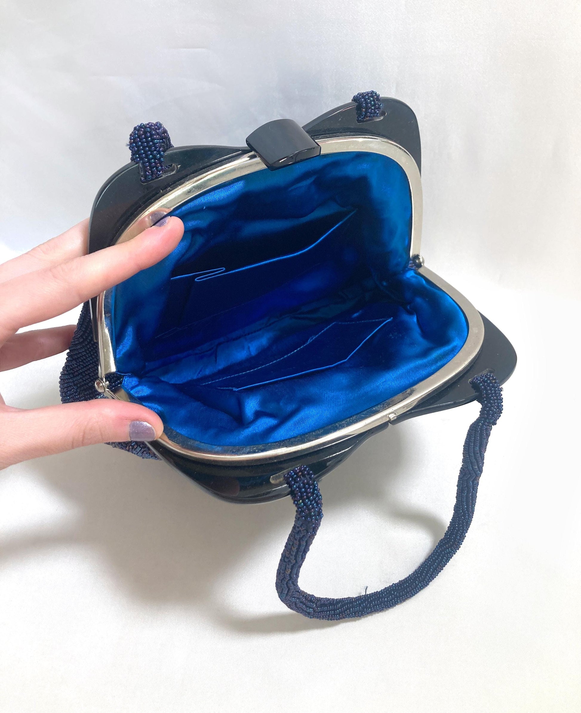 Vintage kimono handbag - beaded blue flowers