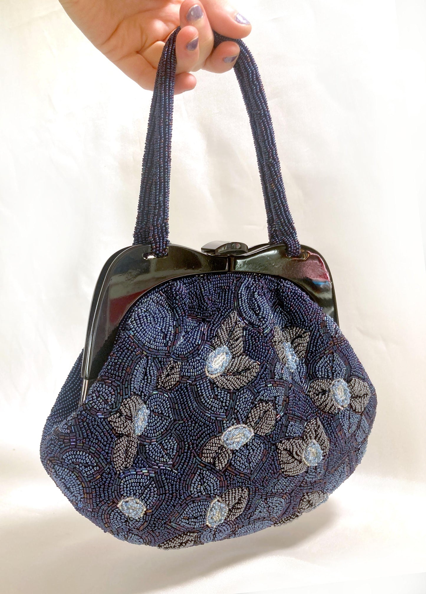 Vintage kimono handbag - beaded blue flowers