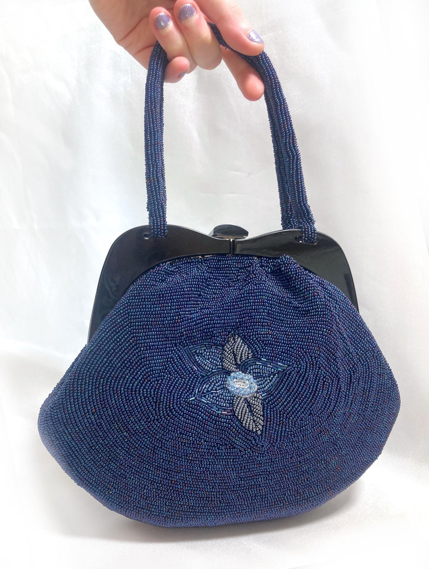 Vintage kimono handbag - beaded blue flowers