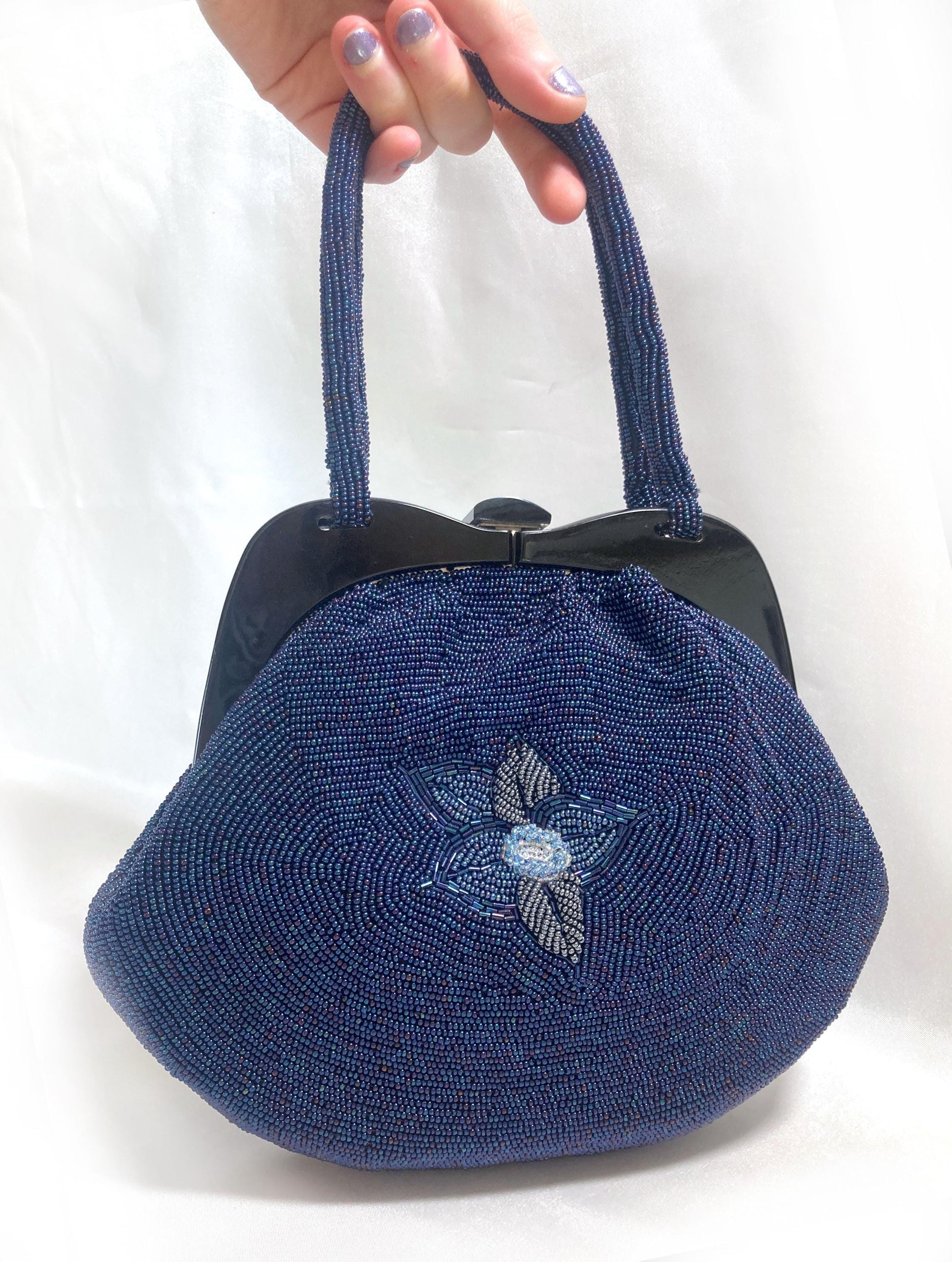 Vintage kimono handbag - beaded blue flowers