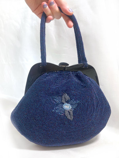 Vintage kimono handbag - beaded blue flowers