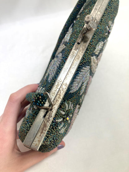 Vintage beaded kimono handbag - 2-way dark green florals
