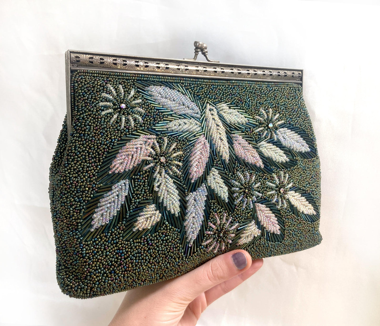 Vintage beaded kimono handbag - 2-way dark green florals