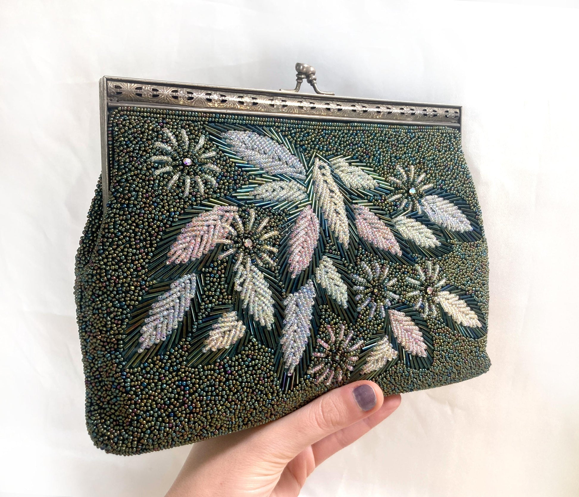 Vintage beaded kimono handbag - 2-way dark green florals