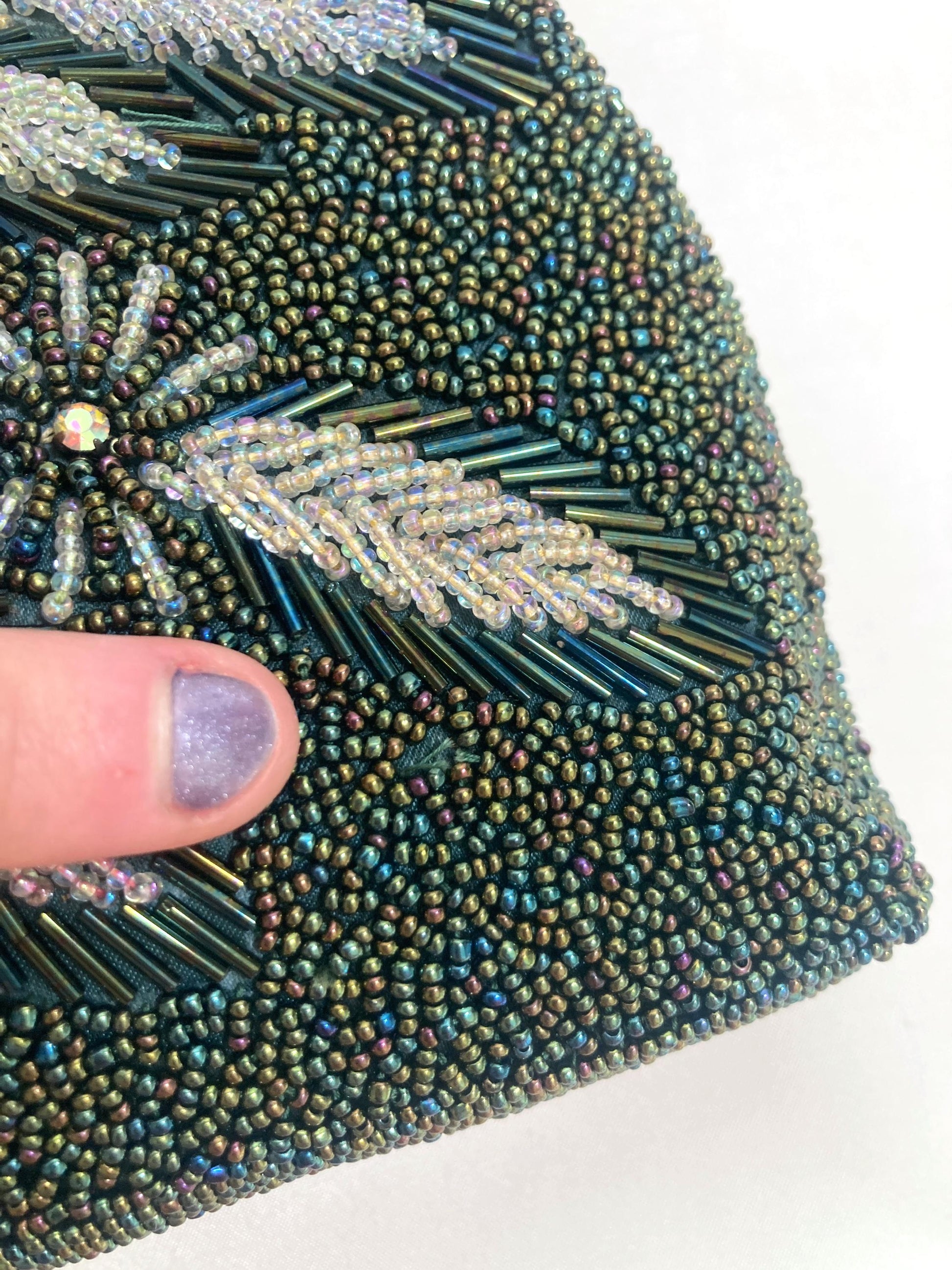 Vintage beaded kimono handbag - 2-way dark green florals