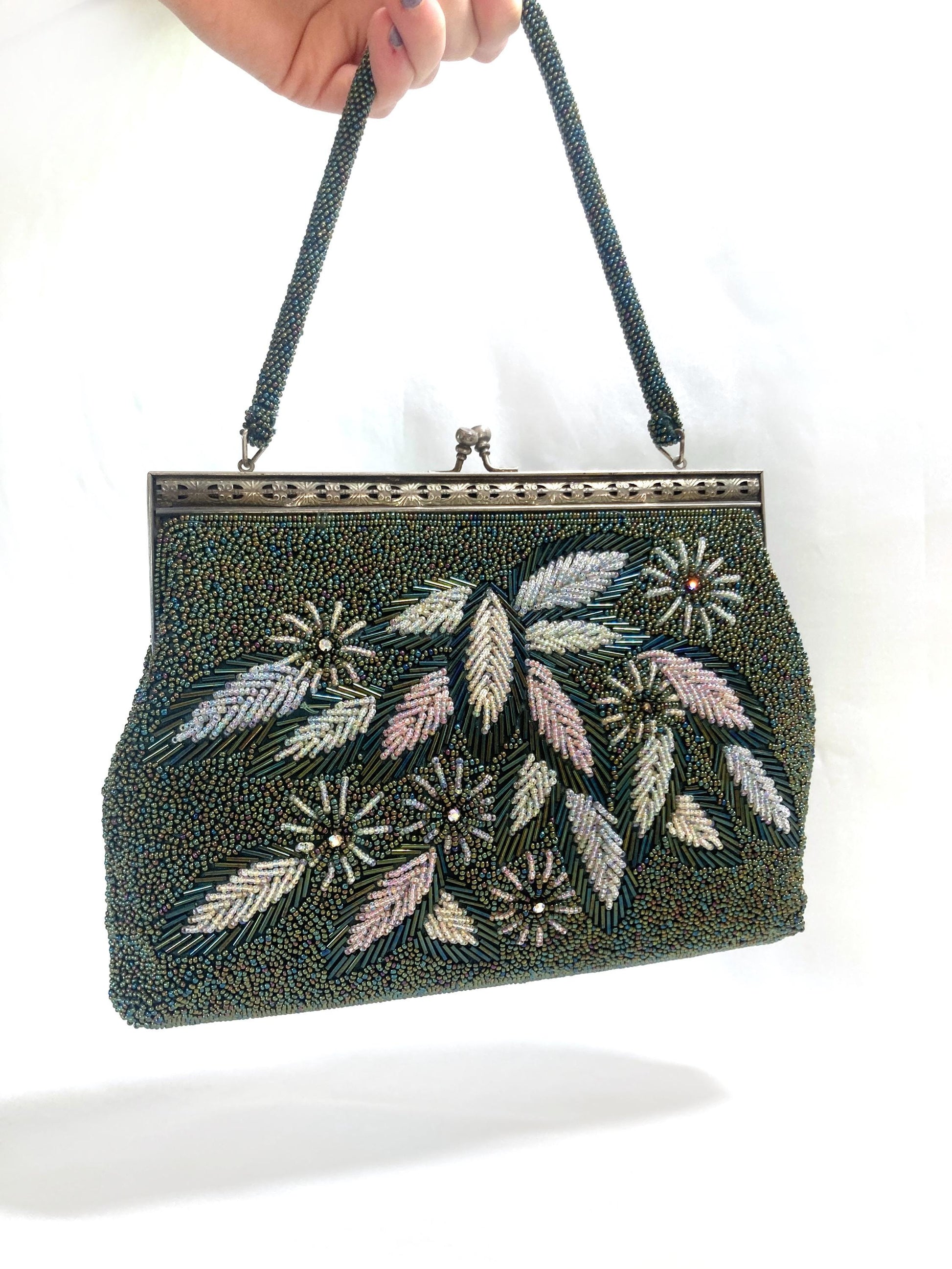 Vintage beaded kimono handbag - 2-way dark green florals