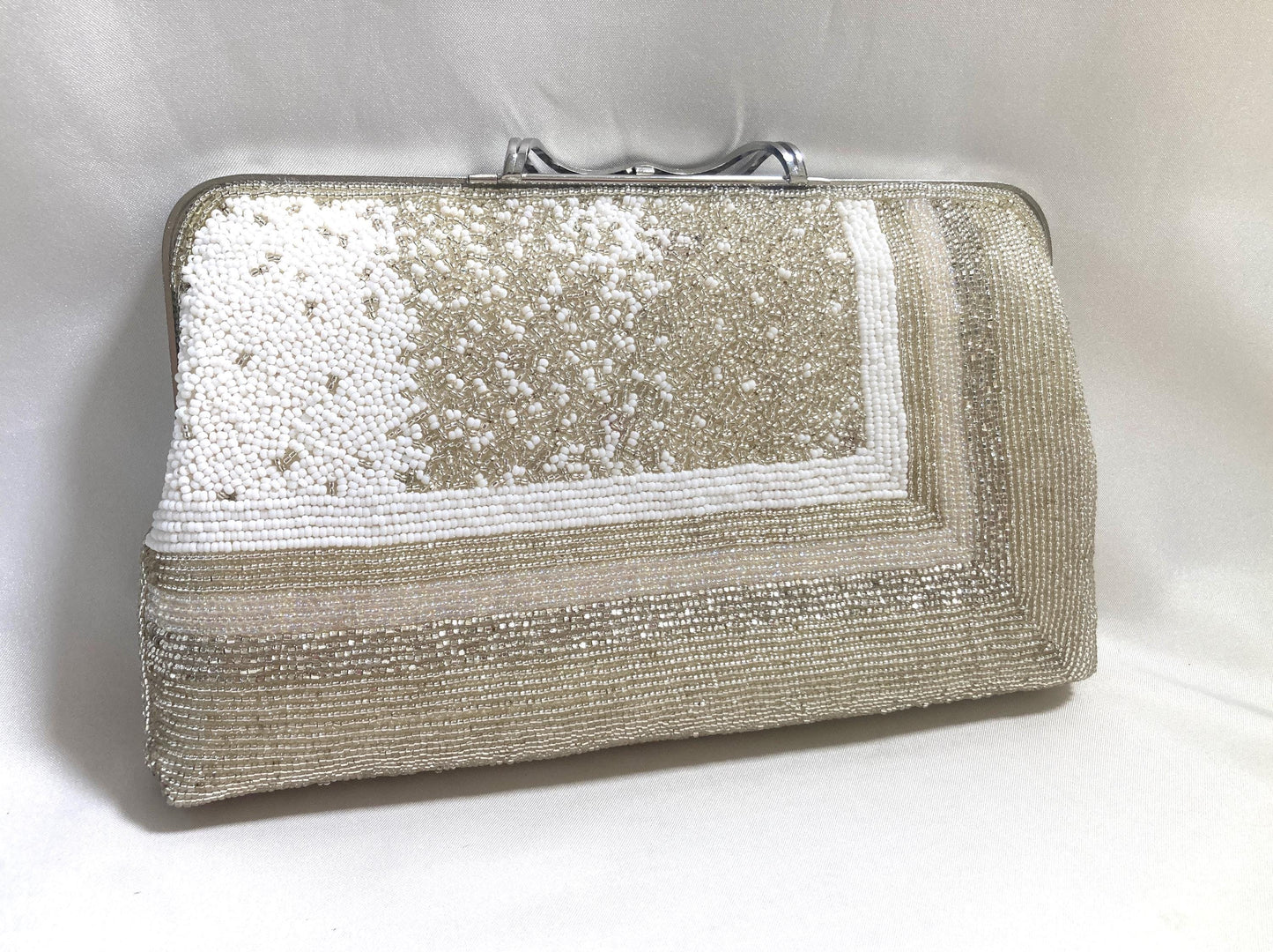 Vintage beaded kimono handbag - 2-way silver and white with rhinestone accents