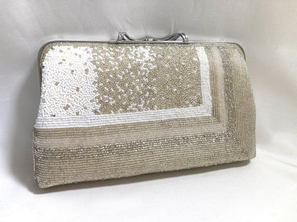 Vintage beaded kimono handbag - 2-way silver and white with rhinestone accents