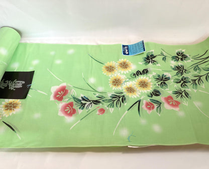 Vintage tanmono - yukata fabric bolt - light green and pink flowers