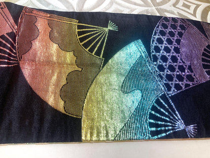 Reversible hanhaba obi - Black and white with rainbow pattern - obi for dancing