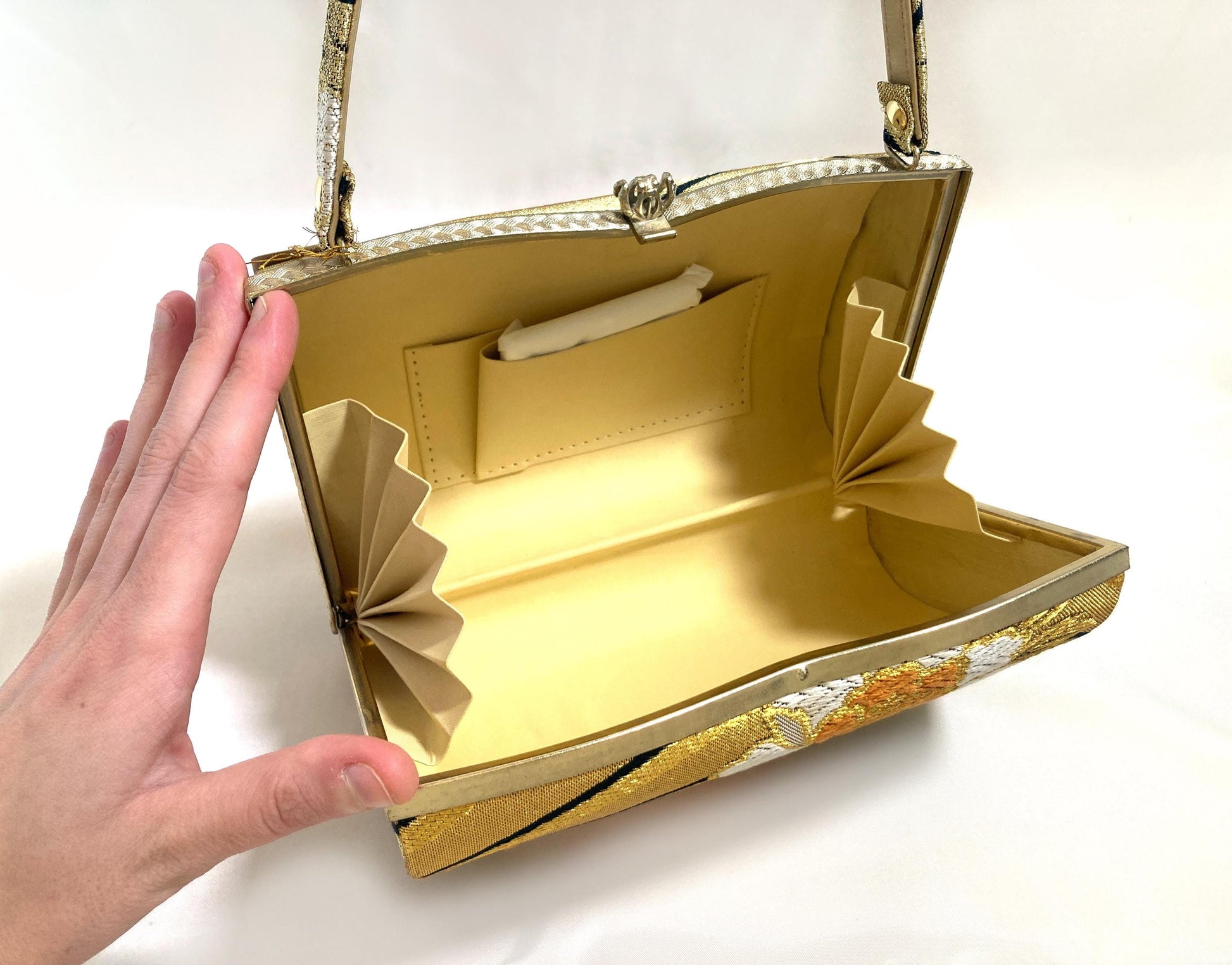 Vintage kimono handbag - golden and black with colorful florals