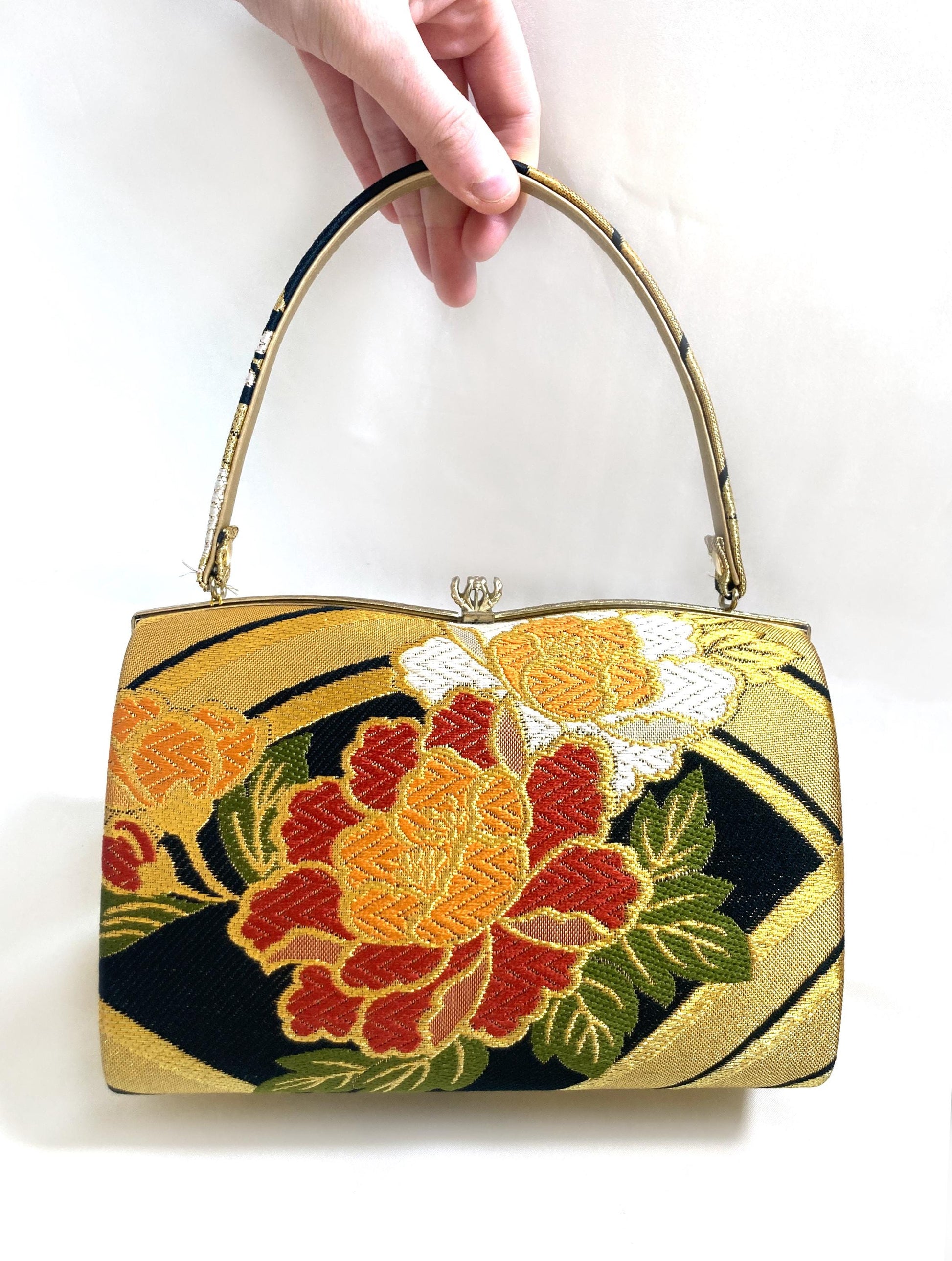 Vintage kimono handbag - golden and black with colorful florals