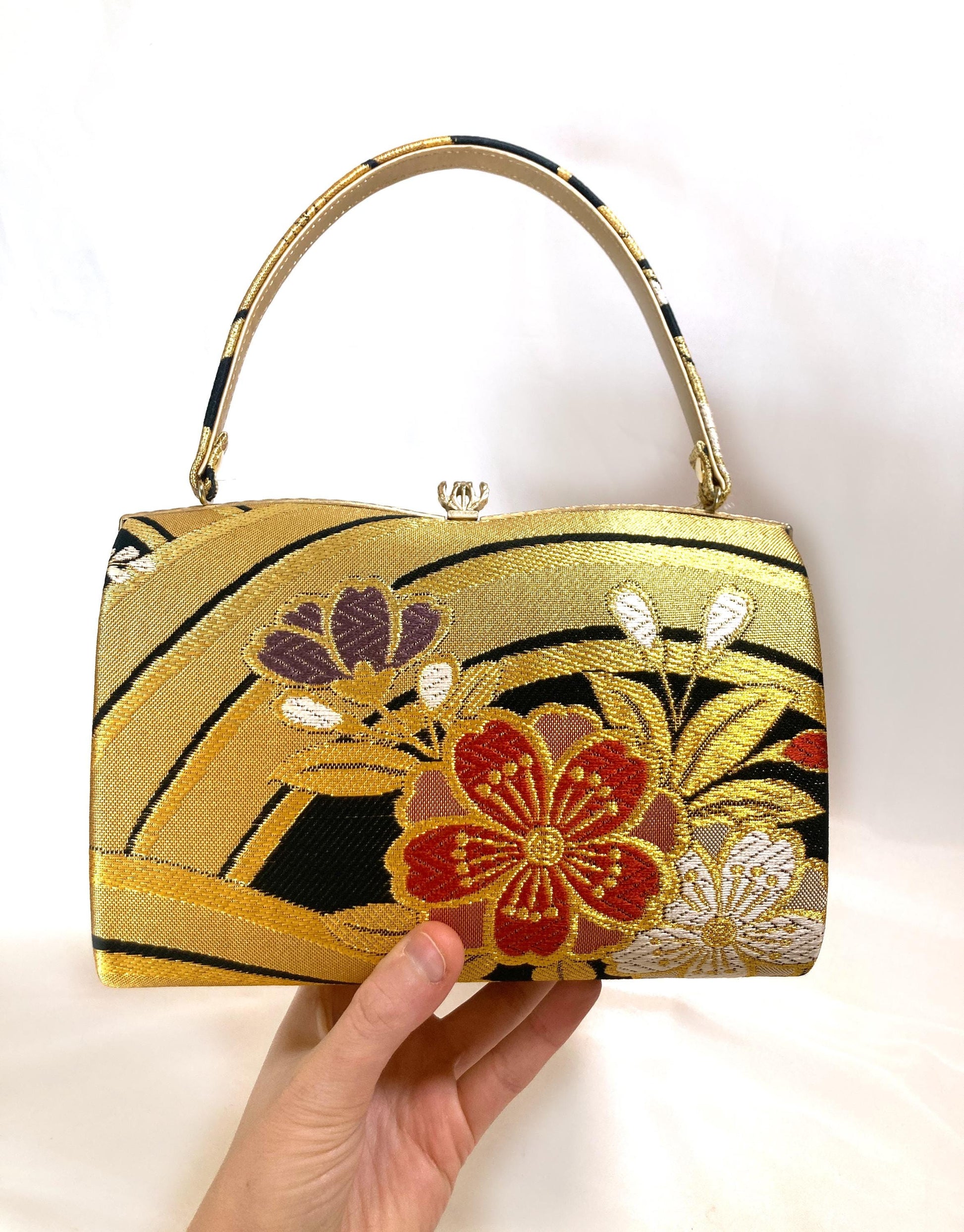 Vintage kimono handbag - golden and black with colorful florals