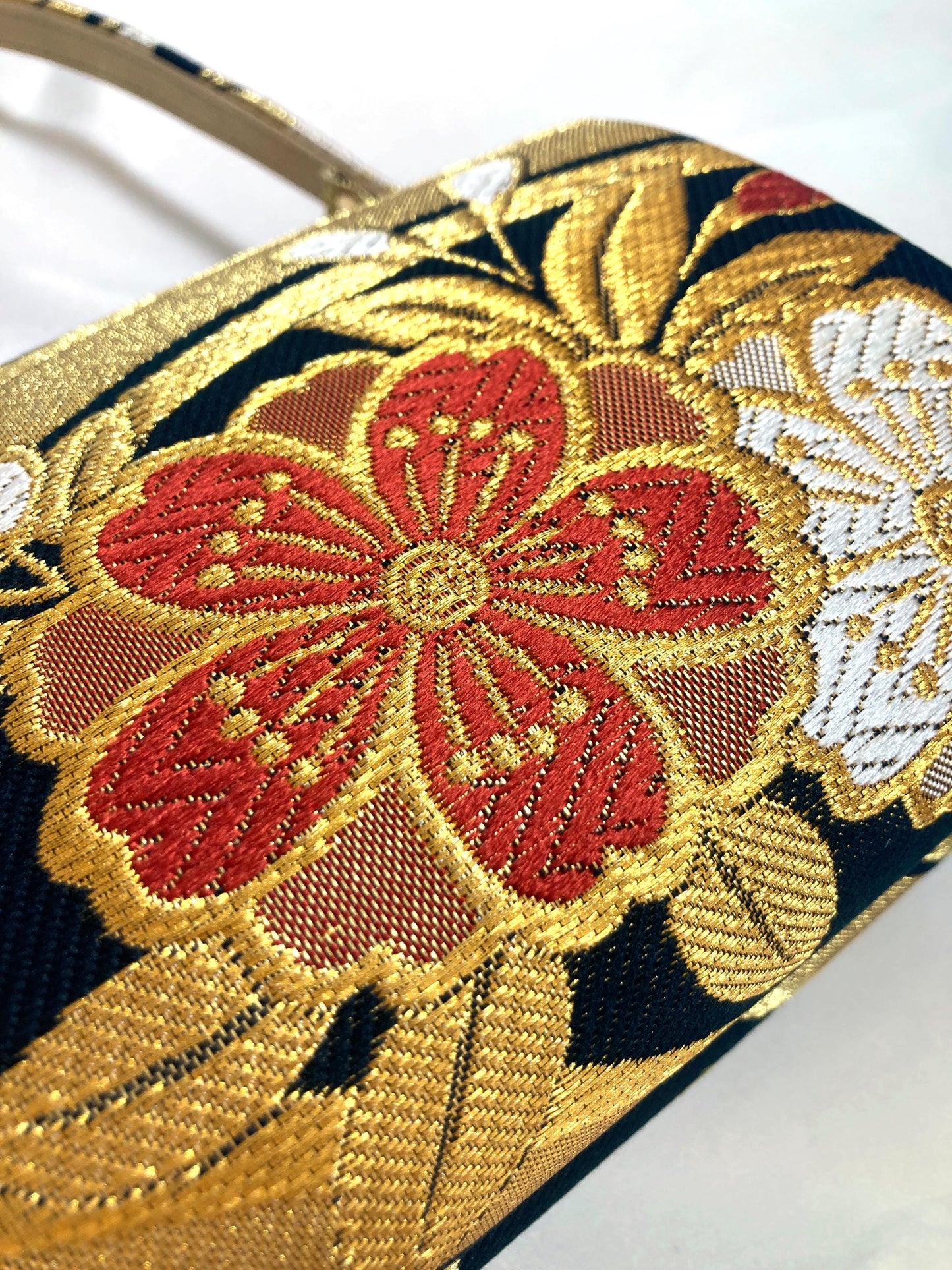 Vintage kimono handbag - golden and black with colorful florals