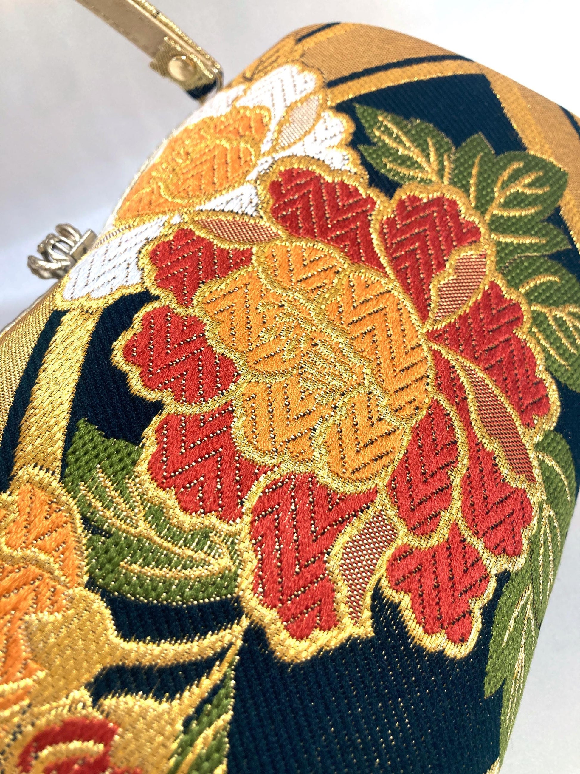 Vintage kimono handbag - golden and black with colorful florals