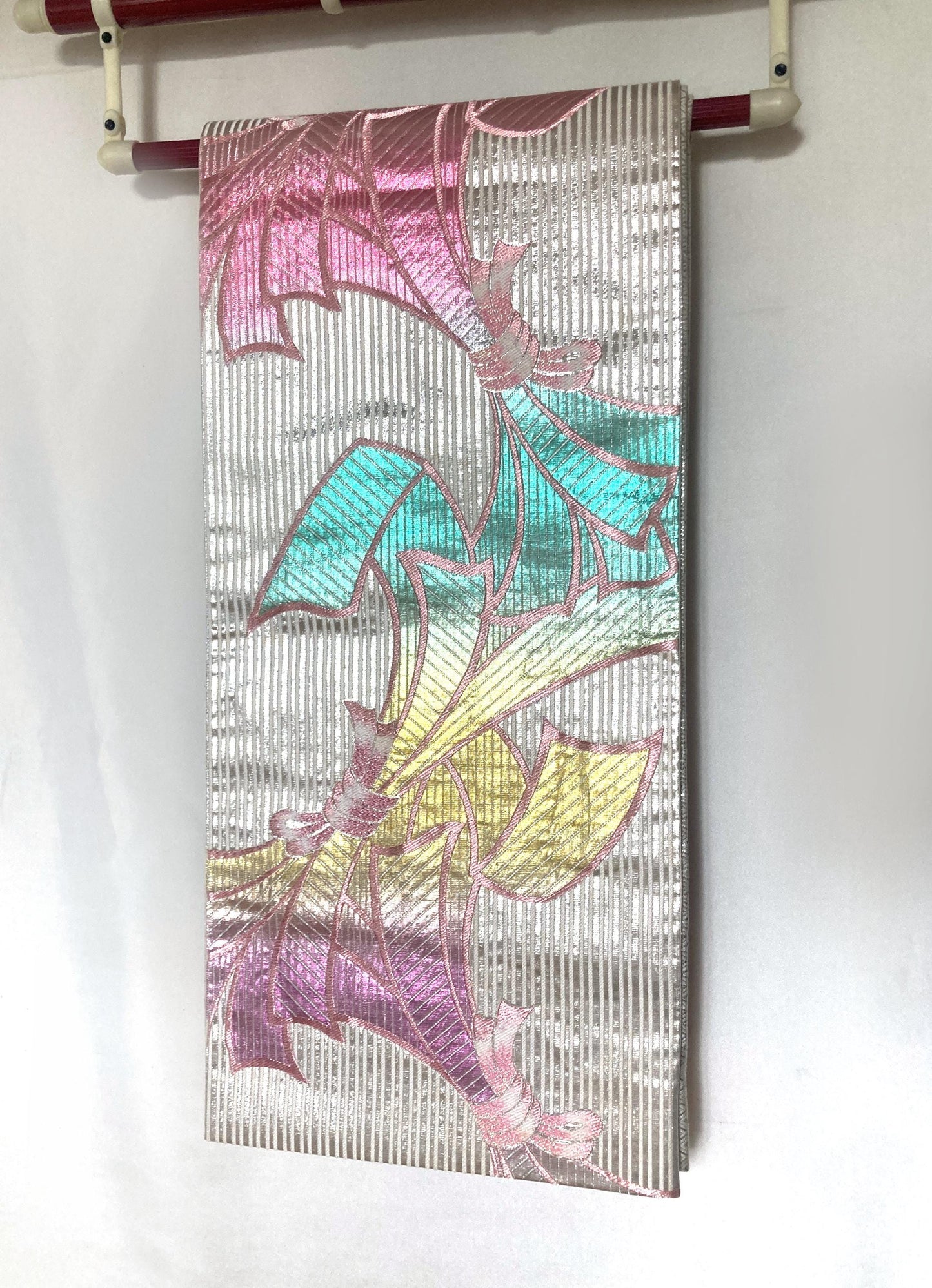 Vintage fukuro obi- silver and rainbow ribbons