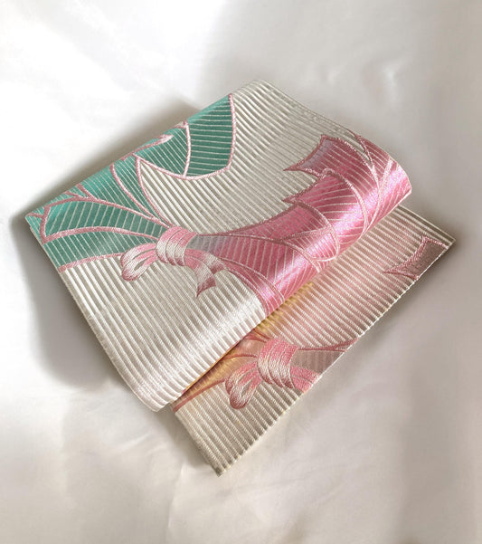 Vintage fukuro obi- silver and rainbow ribbons