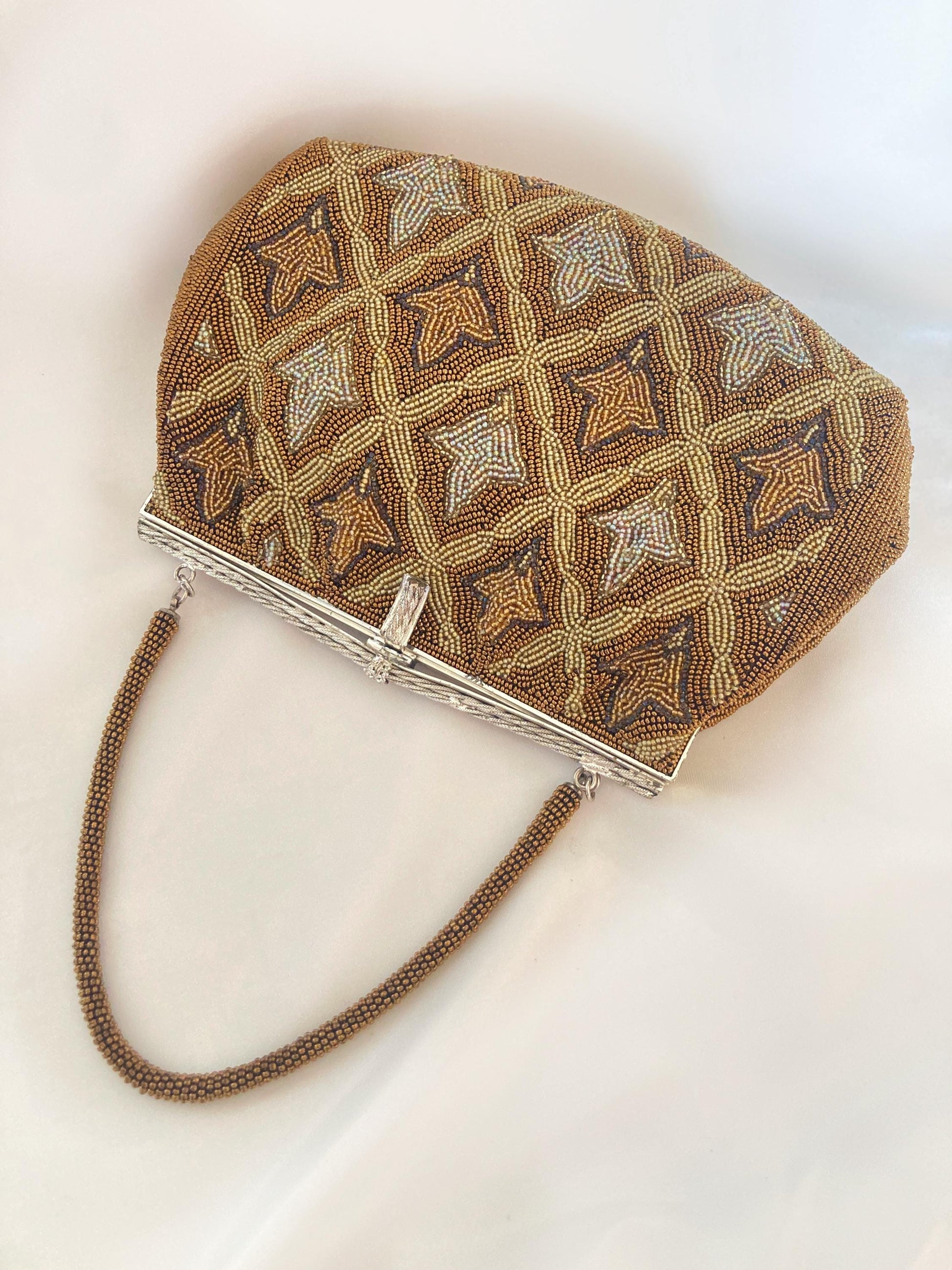 Vintage kimono handbag - bronze and beige lattice
