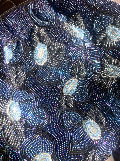 Vintage kimono handbag - beaded blue flowers