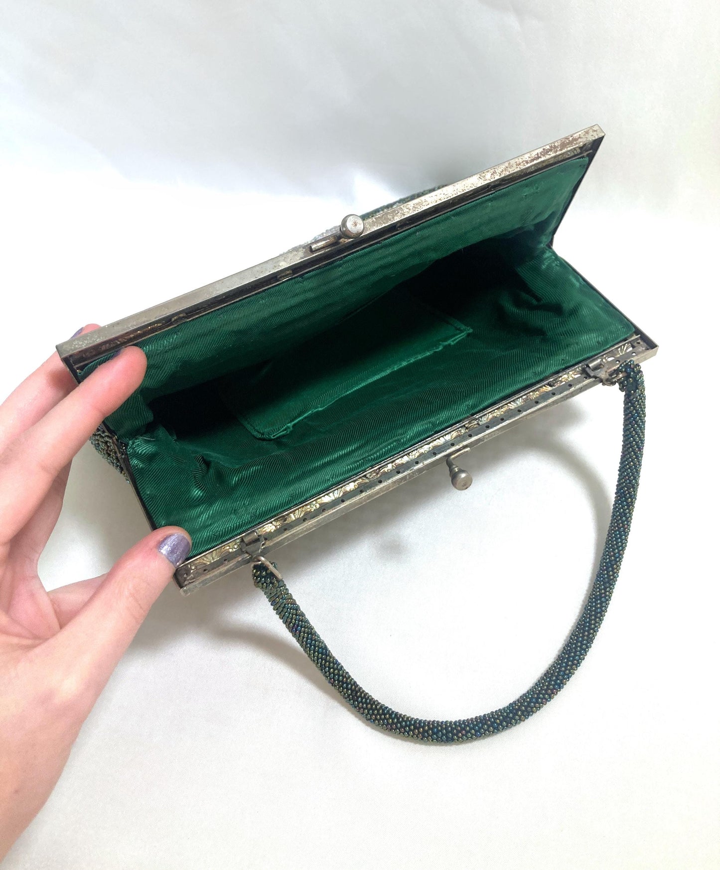 Vintage beaded kimono handbag - 2-way dark green florals