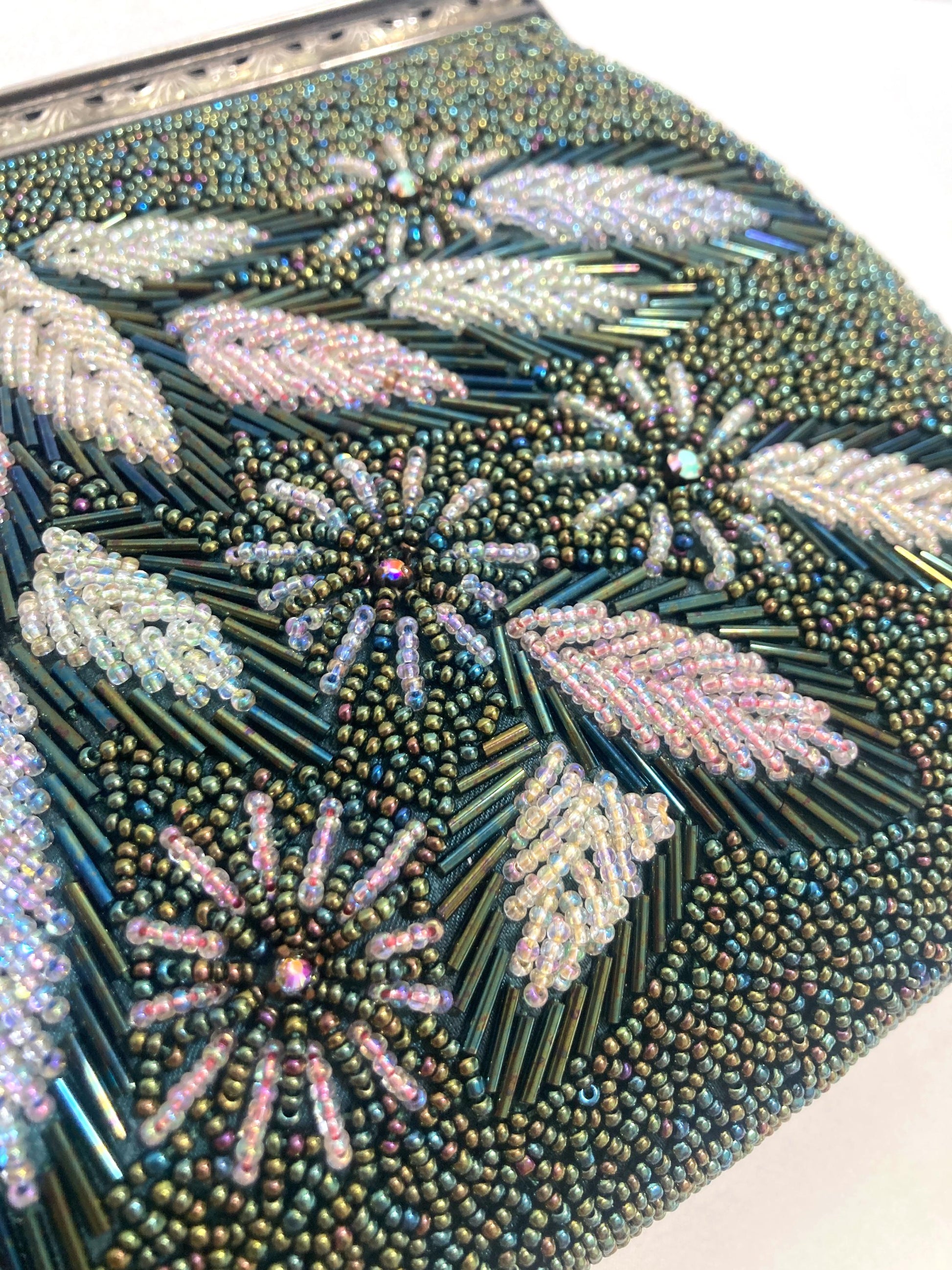 Vintage beaded kimono handbag - 2-way dark green florals
