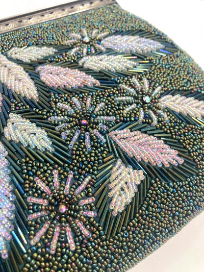 Vintage beaded kimono handbag - 2-way dark green florals