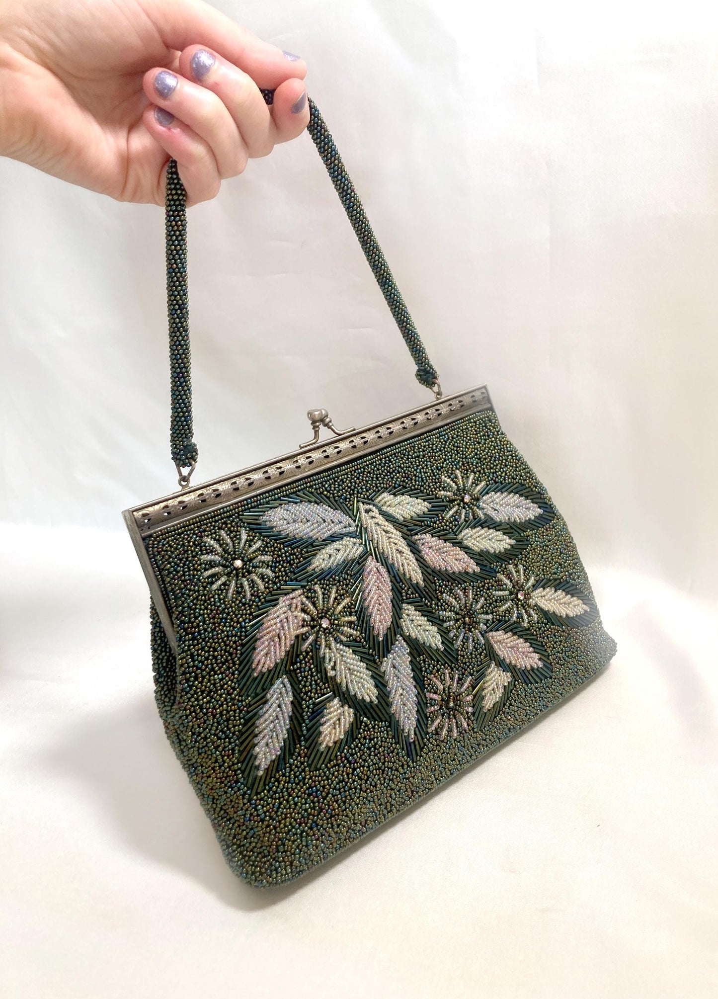 Vintage beaded kimono handbag - 2-way dark green florals